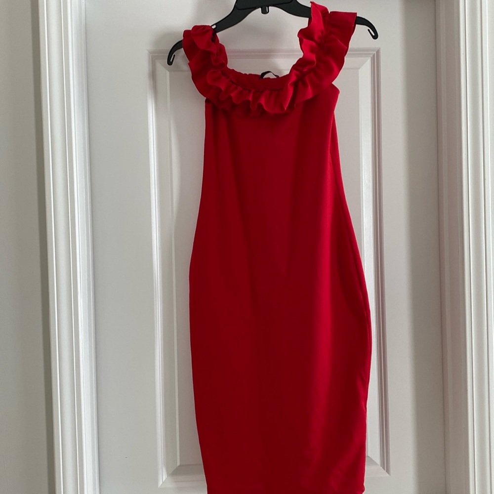 Off shoulder red ruffle dress; size small